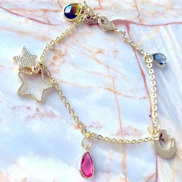 New Victoria Secret gold Ankle Leg bracelet charm Rare stars Moon Crystals